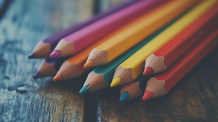 Colorful pencils and notebooks stacked on a wooden table, back to school theme