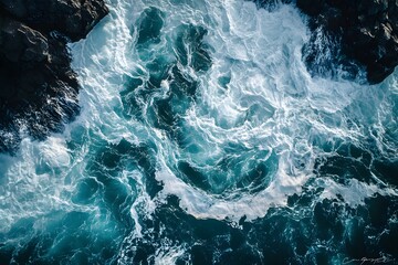 Fototapeta premium Aerial view of swirling ocean waves crashing against dark rocks, background texture, nature wallpaper