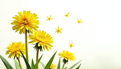 Dandelion flowers in full bloom against a white background, isolated, dandelion,