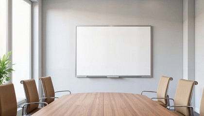 Empty conference room with flipchart in daylight, professional setting