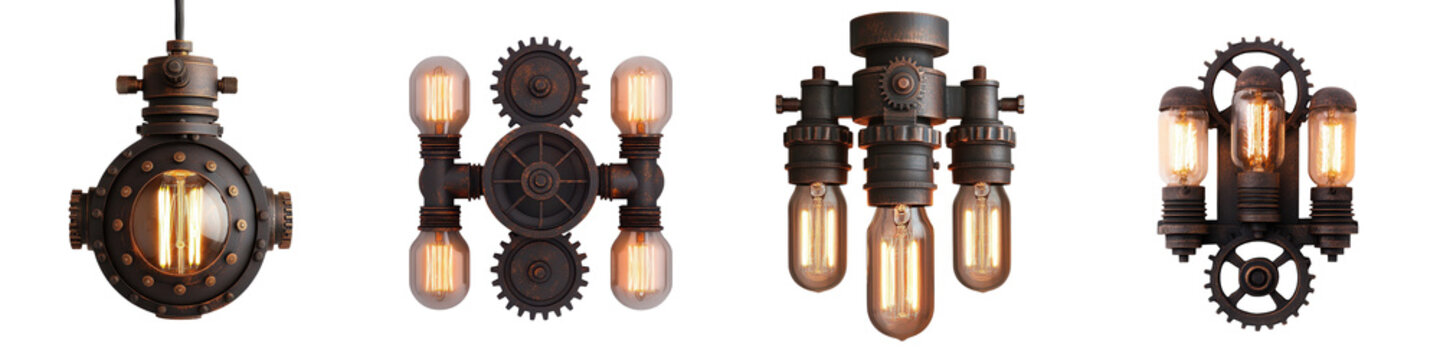 Vintage industrial steampunk inspired chandelier with intricate gears cogs and mechanical elements creating a unique and captivating lighting fixture for a loft warehouse