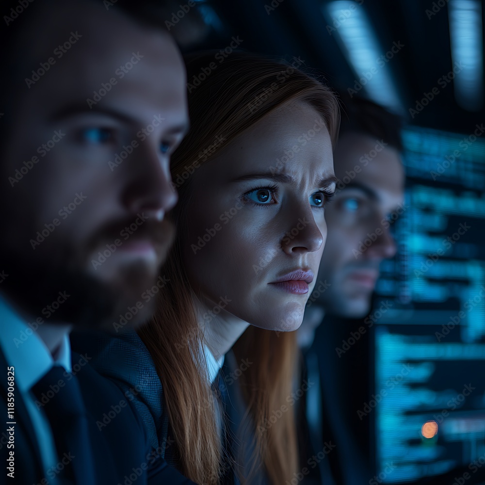 Poster a focused team analyzes data on screens, showcasing determination and teamwork in a high-tech enviro