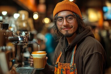 A skilled barista pouring steamed milk into a coffee cup. Generative AI
