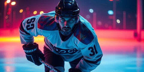 Neon Nights: A hockey player, focused and intense, dominates the ice under vibrant, electric lighting.  His determination is palpable; a testament to athletic prowess.