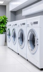 Modern laundry room with sleek white washing machines and bright potted plant in contemporary interior design