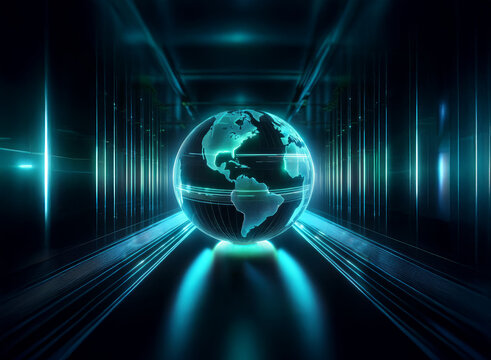 A translucent, teal globe hovers in a dark, futuristic server room, representing global connectivity and data flow.  Light streaks emanate from its surface. - Powered by Adobe