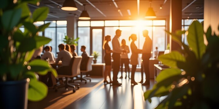 Silhouetted figures in a modern office bathed in the warm glow of a setting sun, engaged in a business meeting.  The scene exudes a feeling of productivity and collaboration.