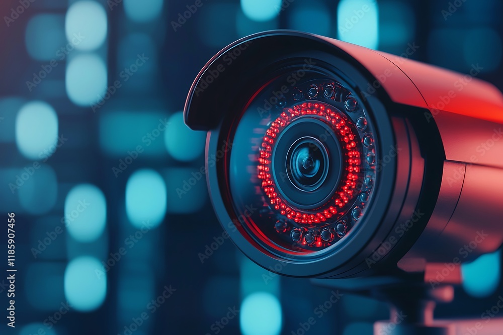 Poster a close-up of a high-tech security camera with a glowing red light, set against a backdrop of blurre