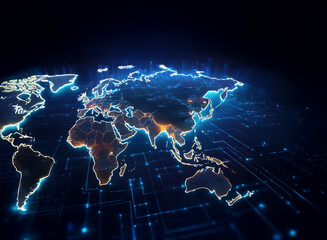 Glowing world map on a digital circuit board, illustrating global connectivity and technological advancement.  A futuristic vision of international networking.