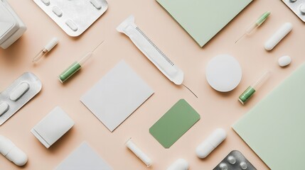 Neatly arranged medical supplies with visible price tags in a minimalist composition, offering a clean and professional presentation with ample copy space, suitable for healthcare and retail themes