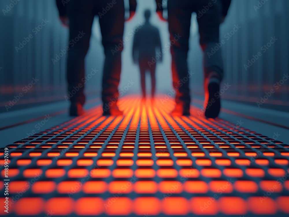 Poster a futuristic scene with three figures walking on a glowing red grid, surrounded by a misty, high-tec