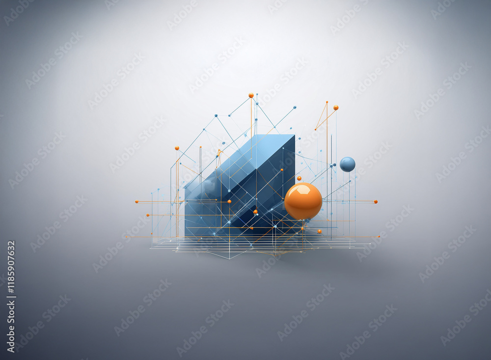 Poster abstract 3d rendering: a dark-blue geometric form connected by thin lines to smaller spheres in oran