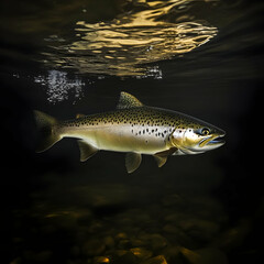 Naklejka premium Brown Trout Swims in Dark Water with Air Bubbles Gracefully