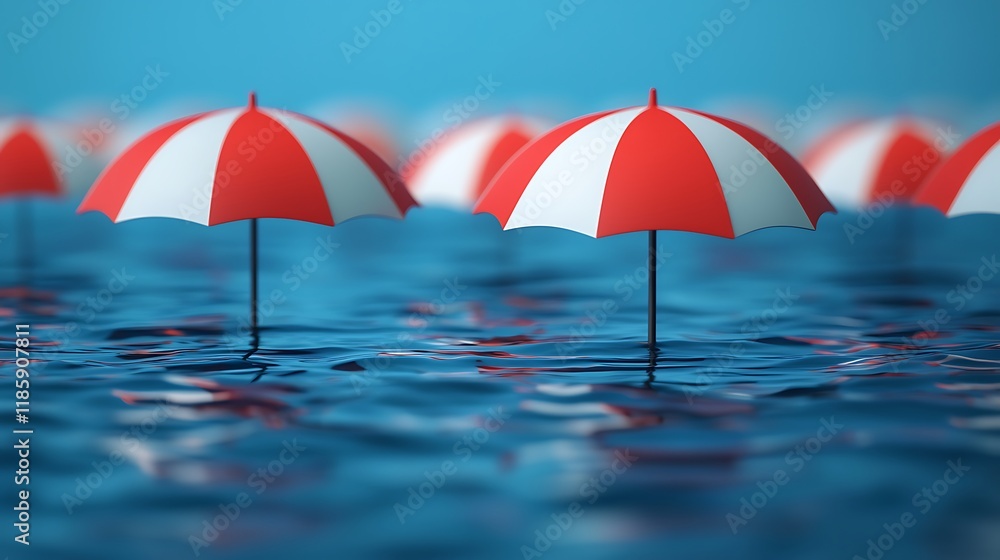 Poster a serene scene featuring red and white umbrellas standing in calm blue water, creating a tranquil an