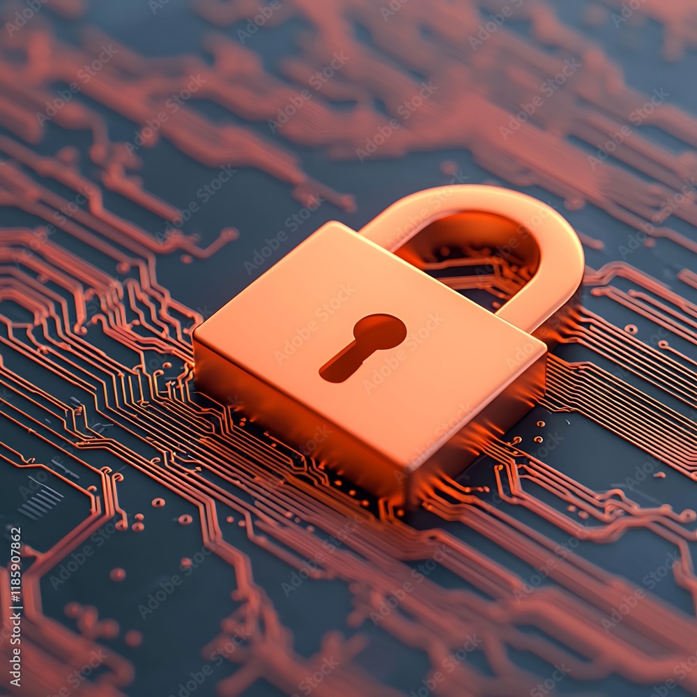 Poster a close-up of an orange padlock resting on a circuit board, symbolizing cybersecurity and data prote