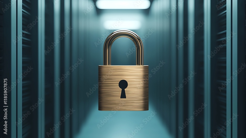 Poster a golden padlock hangs in a data storage corridor, symbolizing security and protection of informatio