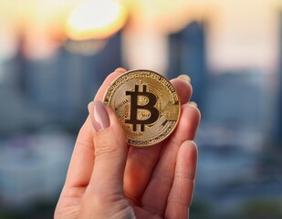 A person's hands holding a single golden Bitcoin coin with a blurred urban cityscape in the background, symbolizing digital currency in real-world applications
