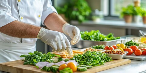 A chef using gloves while preparing food, emphasizing hygiene