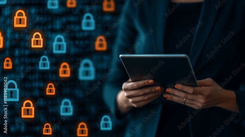 Poster a person holding a tablet in front of a digital background with padlock icons, symbolizing cybersecu