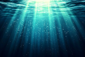 Sunlight Pierces Deep Ocean with Bubbles Rising Gently and Peacefully