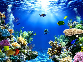 Fototapeta premium Coral Reef Ecosystem Thrives with Fish, Marine Life in Ocean Depths