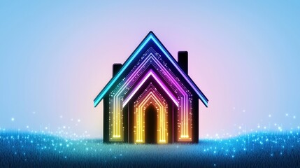Naklejka premium Smart Home Concept Illuminated House Icon in Grass Futuristic Technology