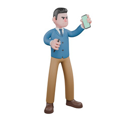 A male tv presenter stands holding a cellphone and a pen with both hands