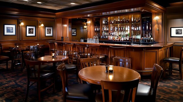 A dimly lit, upscale bar interior with a luxurious wooden counter, leather seating, and sleek wooden dining tables in a sophisticated arrangement