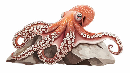 Fototapeta premium Cartoon octopus resting on rock, ocean background, children's book illustration