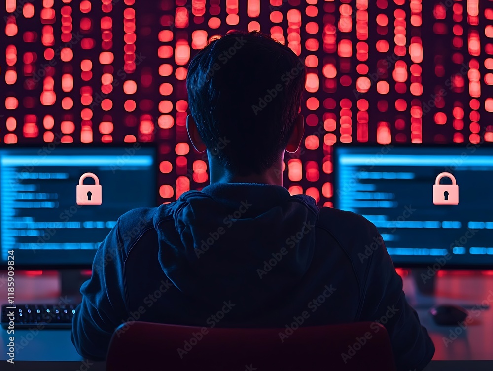 Poster a silhouette of a person at a computer, surrounded by red digital patterns, symbolizes cybersecurity
