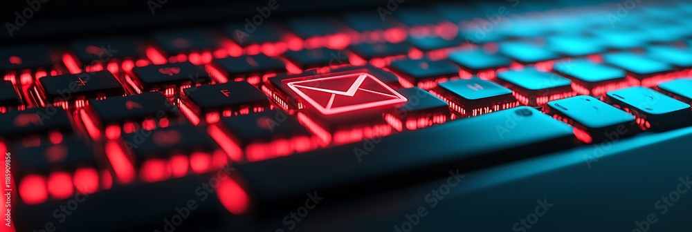 Poster a close-up of a backlit keyboard featuring a glowing email icon, showcasing a blend of red and blue 