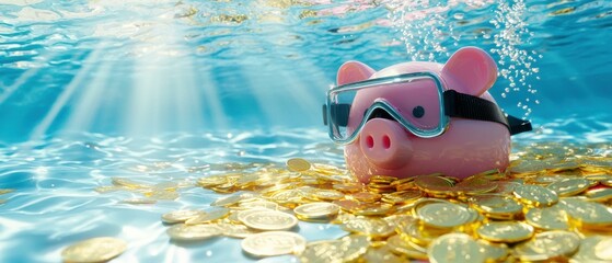 Piggy bank diving into a pile of coins underwater. AI.