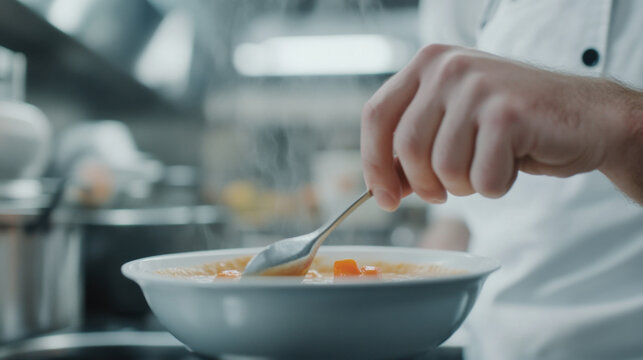 chef tasting soup with clean spoon in kitchen, showcasing culinary skills and attention to detail. steam rising adds warmth to scene