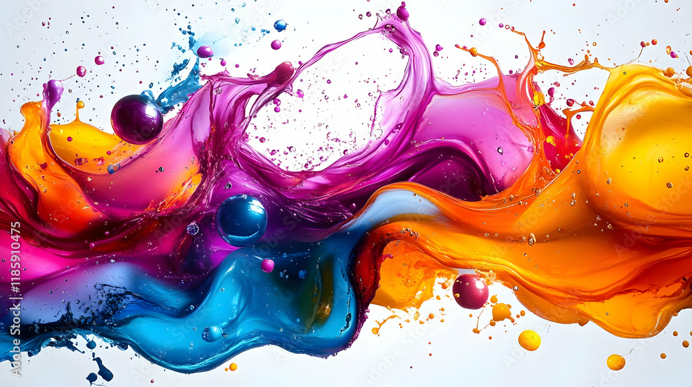 Poster colorful liquid splashes and swirls dynamically on white background