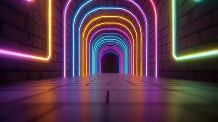 Vibrant Neon Rainbow Archway Tunnel Glowing Lights Futuristic Background