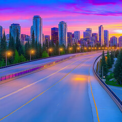 Fototapeta premium City Highway Leads to Skyline at Sunset with Purple Sky