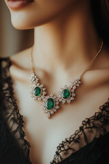 close-up shot of an elegant, intricate necklace with emerald stones surrounded by diamonds, set in a gold frame. The necklace is worn by a woman in a black dress with delicate lace details  