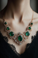 close-up shot of an elegant, intricate necklace with emerald stones surrounded by diamonds, set in a gold frame. The necklace is worn by a woman in a black dress with delicate lace details  