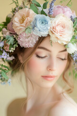soft, dreamy portrait of a woman with her face partially obscured by a floral crown made of pastel roses, peonies, and other soft-colored flowers.  