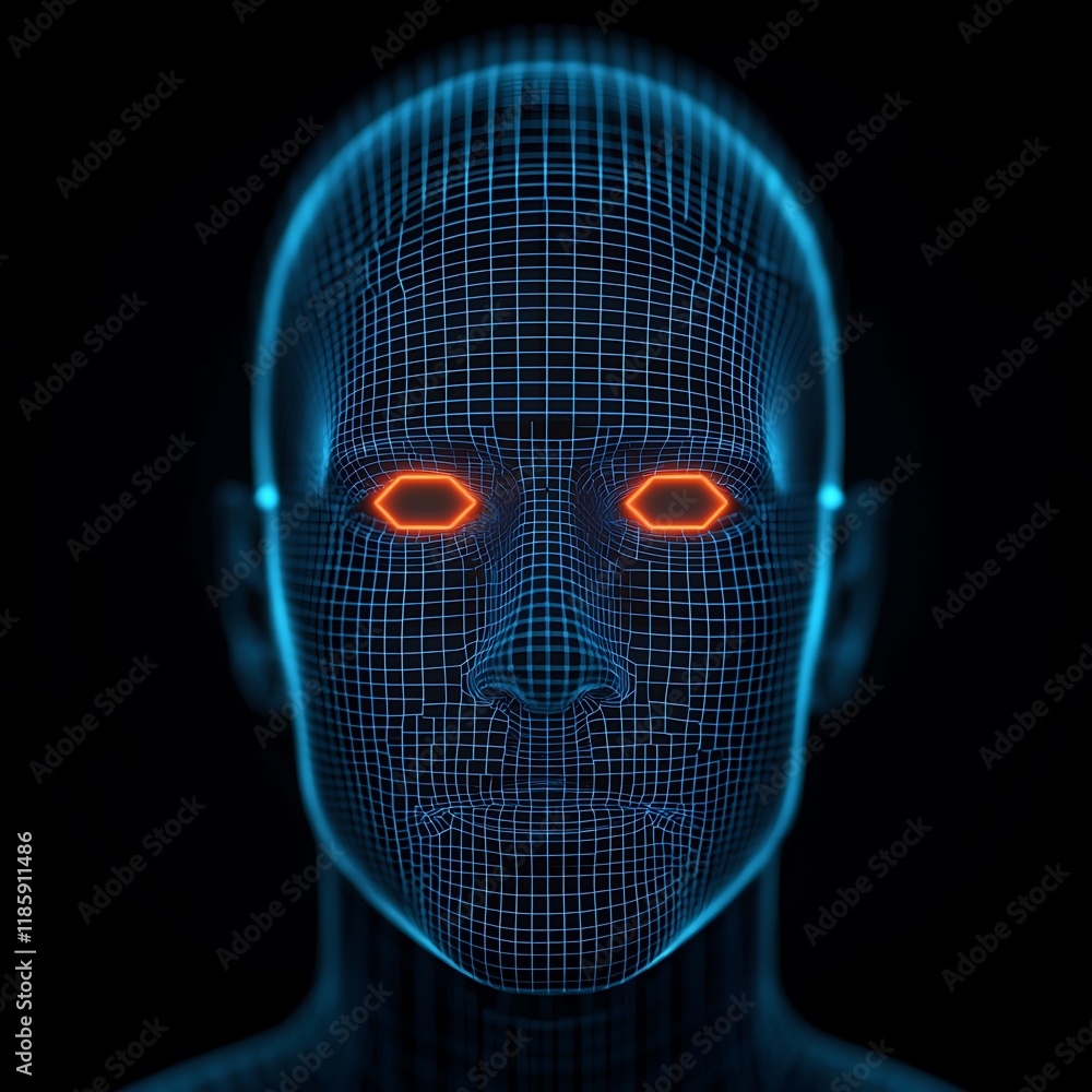 Aufkleber a digital representation of a human face with a grid pattern and glowing orange eyes, suggesting the