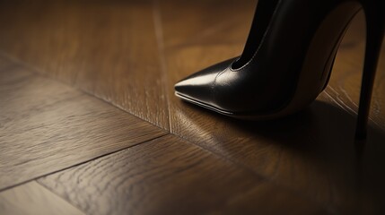 A Close up of a Womans High Heeled Shoe on a Wooden Floor - Generative AI