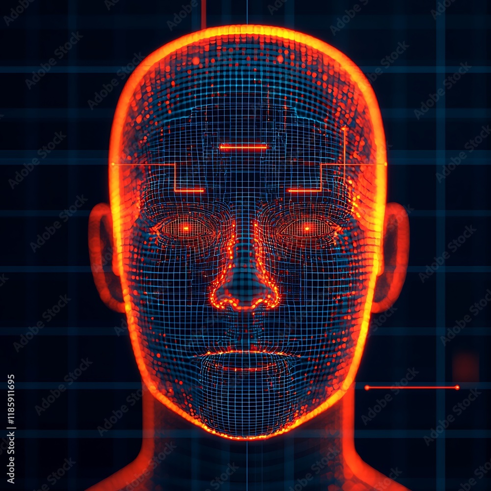 Poster a digital representation of a human face, highlighted in neon colors, showcasing intricate grid patt
