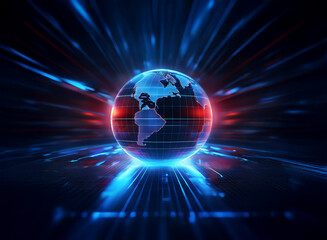 A glowing digital Earth, radiating energy, symbolizes global connectivity and technological advancement.  Red and blue light streaks emanate outwards, suggesting rapid data transmission.