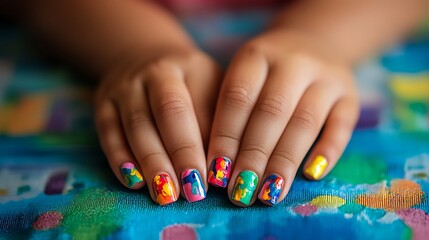 Child's hands with multicolored nails for back to school