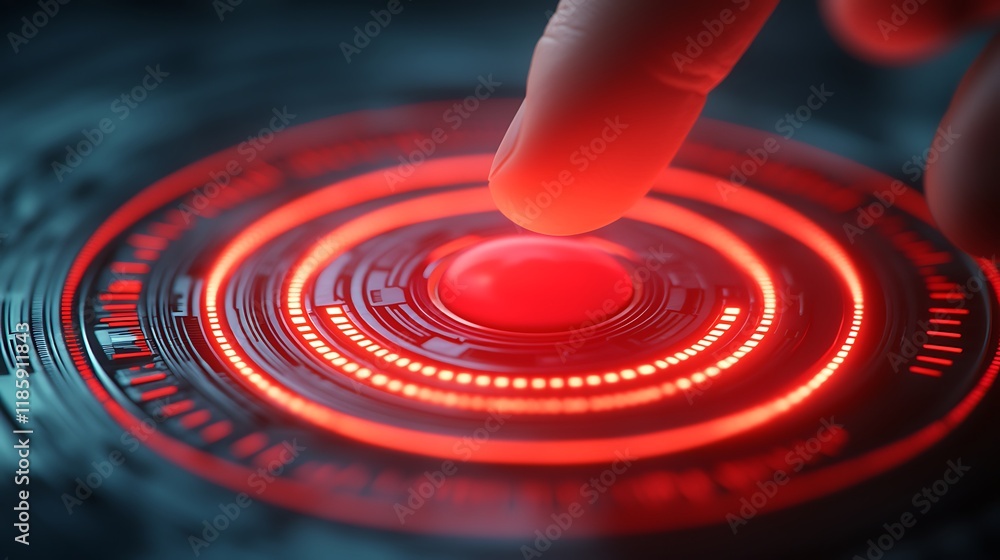 Poster a finger hovers over a glowing red button on a futuristic interface, surrounded by concentric circle