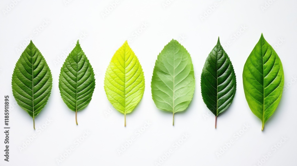 Aufkleber gradient display of various leaf types showcasing vibrant green shades and textural differences on w