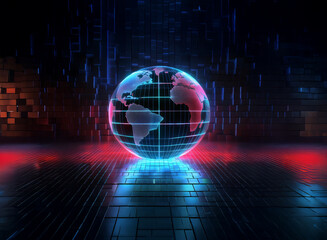 A glowing digital globe, gridded and translucent, sits on a reflective surface.  Surrounding it are vertical streaks of light, creating a futuristic, technological atmosphere.  Red and blue neon accen