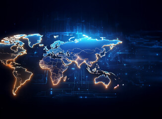 Glowing world map, digital, futuristic, network connections, global communication, data flow, technology.