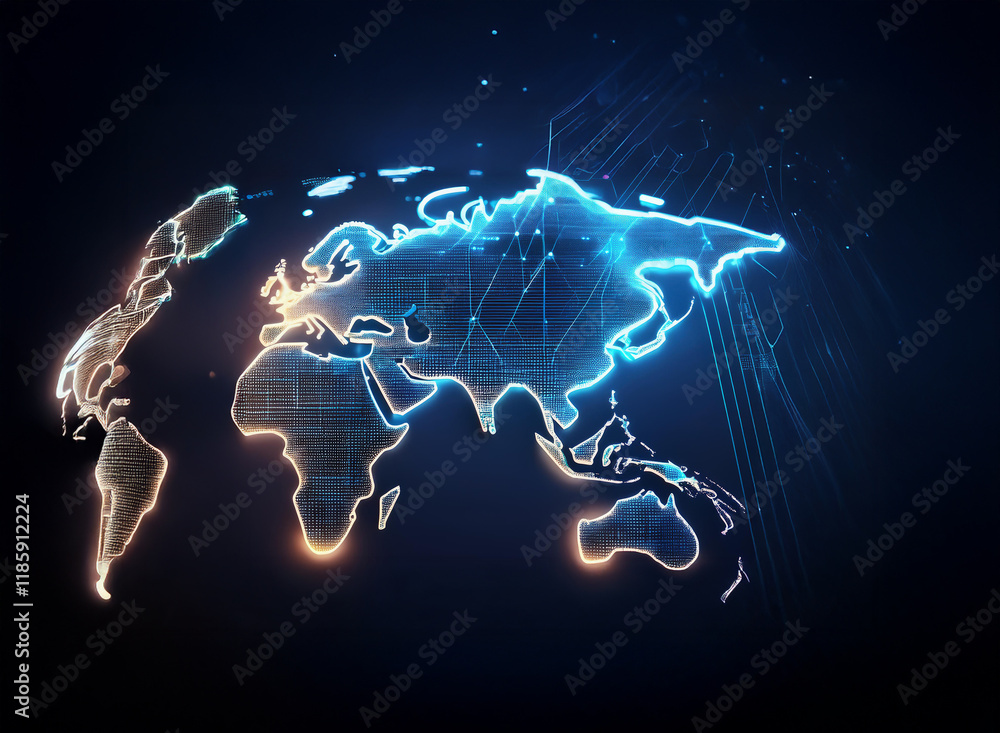 Poster a glowing, digital world map pulses with bright blue and orange light, showcasing global connectivit