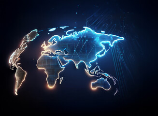 A glowing, digital world map pulses with bright blue and orange light, showcasing global connectivity and technological advancement.  Circuitry patterns overlay the continents, emphasizing a networked